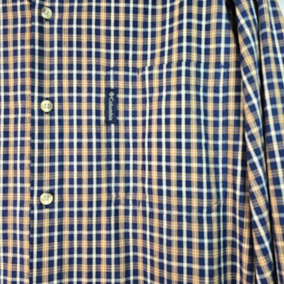 COLUMBIA MENS LONG SLEEVE PLAID BUTTON DOWN NAVY AND KHAKI PLAID SIZE LARGE EUC - Picture 4 of 8